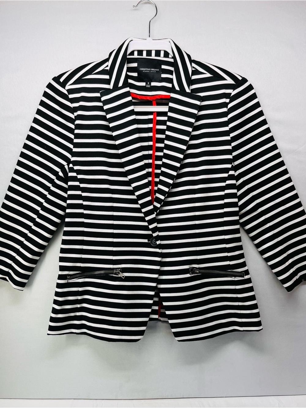 Christian Siriano Black and White Striped Blazer with Red Trim